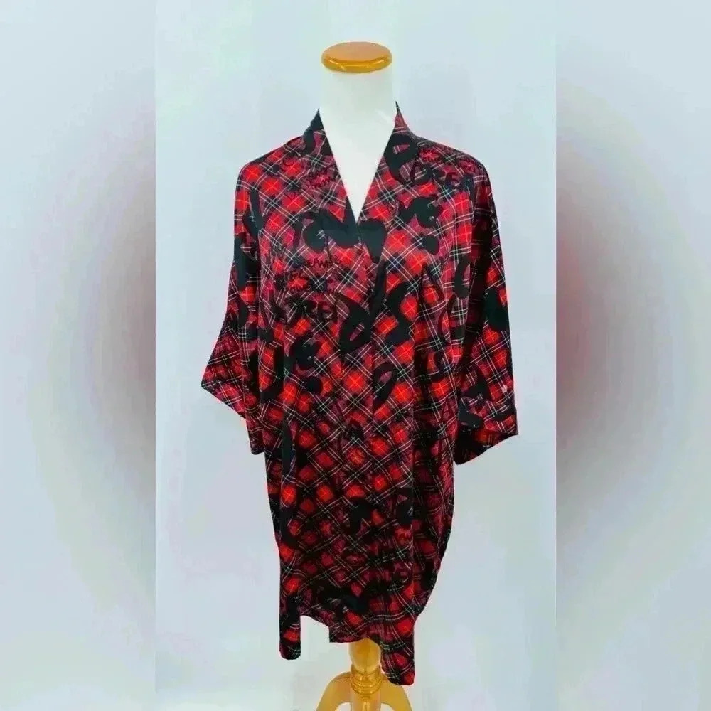 Victoria's Secret Red and Black Plaid Monogram Robe, missing sash, XS